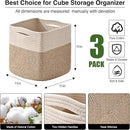 11 Inch Cube Storage Bins, Organizer Woven Cotton Rope Square Baskets for Organizing Shelves, Toys, Nursery, Off White & Brown (Pack of 3) by CozyNest Decor