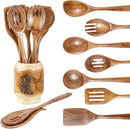 Gudamaye 13 inch Long Wooden Spoons for Cooking,Wooden Utensils for Cooking with Utensils Holder,9 PCES Wooden Kitchen Utensils Set with Utensils Holder and Spoon Rest,Natural Teak Wooden Spoons Set by CozyNest Decor
