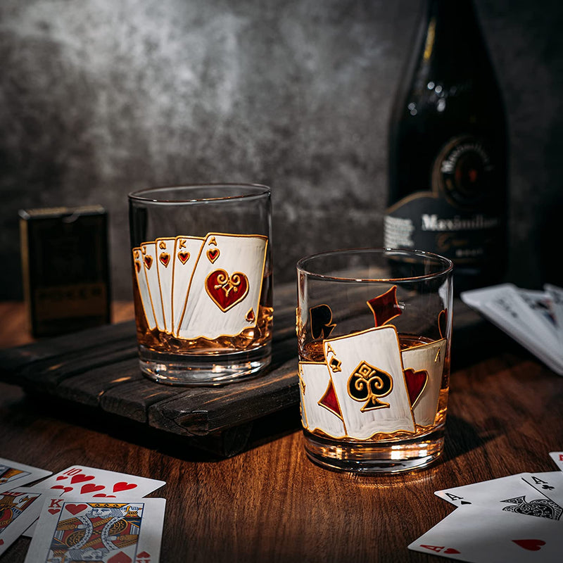 Playing Cards Drinking Glasses - Artisanal Hand Painted Players Casino Set of 2 Water, Wine & Whiskey Glasses - The Wine Savant - Crystal Glassware - Gift Idea for Him, Birthday, Housewarming - 12oz