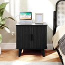 AVZEAR 24" Large Square End Table with Charging Station, Farmhouse Fluted Sofa Side Table with Sliding Tambour Door & Storage, Curved Rustic Wood Nightstand for Living Room, Bedroom, Black by CozyNest Decor
