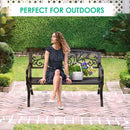 FDW Outdoor 50 Inches Garden Bench, Slatted Seat Armrests Floral Design Backres and Arch Legs, Perfect for Park, Yard, Porch, Lawn, Balcony, Backyard, Black by CozyNest Decor