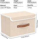 Yawinhe Collapsible Storage Boxes, Linen Fabric Baskets, Bin with lid and Leather Handle, Washable, for Home, Closet, Beige, 15.0''Lx9.8''Wx9.8''H, 3-Pack, USNK024BEL-3 by TinyTreasures Baby Boutique