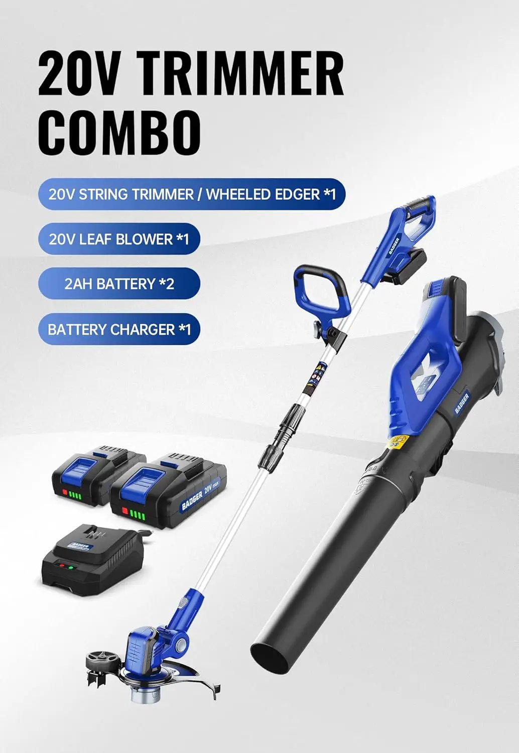 WILD BADGER POWER 20V Weed Wacker, Leaf Blower, Wheeled Edger Kit Electric with 2 * 2Ah Battery & Charger, String Trimmer, Lightweight, Adjustable Telescopic Shaft, Fast-Charging, photo 2 of 6