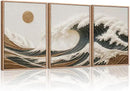 HLNIUC Sea Wave Framed Canvas Wall Art,Abstract Sun Seascape Wall Decor Set of 3(16”x24”) Large Modern Ocean Beach Art Print,Great Wave Sunset Pictures Canvas Famed Painting for Living Room,Bedroom by CozyNest Decor
