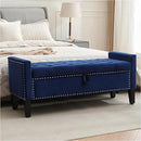 Storage Ottoman Bench, Velvet Upholstered Footstool for Bedroom and Living Room, Tufted Seat with Storage, Wooden Legs & Metal Rivets, Dark Blue by CozyNest Decor