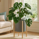 D'vine Dev Ceramic Planter with Natural Stand - 12 Inch Modern Round Flower Pot with Wood Planter Holder, Grey, 55-B-J-3 by CozyNest Decor