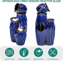 29" Tall Ceramic Water Fountain Outdoor with LED Lights, 4-Tier Cascading Waterfall Garden Fountain, Ideal for Serene Relaxing Patio, Yard or Porch, Cobalt Blue Glaze, Dynamic Wave-Texture by GreenHaven Gardens