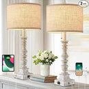 Set of 2 Farmhouse Table Lamps for Living Room, 29.5" Inch Tall Rustic Bedrooms Nightstand Table Lamp with USB-C & USB-A Charging + AC Outlet, Pull Chain Bedside Lamp for End Table, Antique White by CozyNest Decor