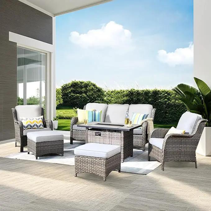 ovios 6 Pieces Patio Furniture Set with 42" Fire Pit Table, Outdoor Wicker Sofa with Ottomans, Comfy Cushions, High Back Couch Conversation Set, Grey Rattan, Grey