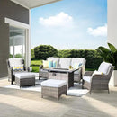 ovios 6 Pieces Patio Furniture Set with 42" Fire Pit Table, Outdoor Wicker Sofa with Ottomans, Comfy Cushions, High Back Couch Conversation Set, Grey Rattan, Grey by GreenHaven Gardens