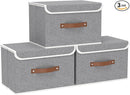 Yawinhe Storage Bins with Lids, Closet Baskets, Washable and Leather Handle, Collapsible Boxes for Home, Grey, 17.7''Lx11.8''Wx11.8''H, 3-Pack, USNK024GX-3 by TinyTreasures Baby Boutique