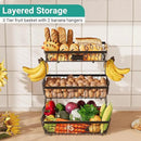 3 Tier Fruit Basket for Kitchen Counter with 2 Banana Hangers, Countertop Metal Fruit Bowl with Wooden Handle, Large Storage Stand for Vegetables, Snacks, Breads, Produce Storage – Black by CozyNest Decor