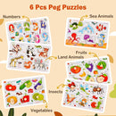 Wooden Peg Puzzles for Toddlers 1-3, 6 PCS Puzzles for Kids, Montessori Toddler Numbers, Vegetables, Fruits, Insects, Sea and Animals Puzzles, Great Preschool Gifts for Girls and Boys by TinyTreasures Baby Boutique
