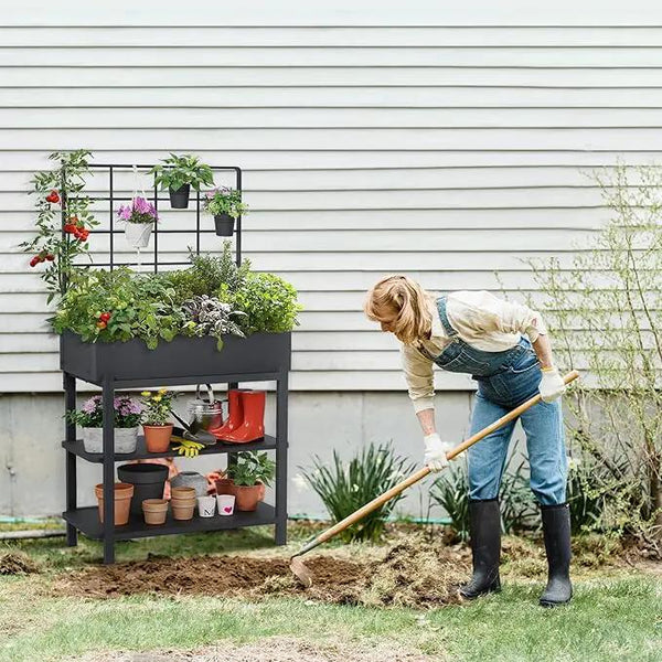 Elevated Planter Box with Trellis Raised Garden Bed with Legs Outdoor Standing Flower Beds for Patio Vegetable Herb, photo 2 of 7
