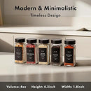 Glass Spice Jars with Label and Stainless Steel Lids (24 x 4oz) Spice Containers with 240 Labels, Shaker Inserts, Steel Funnel, Empty Square Empty Square Seasoning Organizer (Black) by CozyNest Decor
