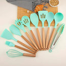 Silicone Cooking Utensils Set, Premium Beech Wood Handle Kitchen Gadgets Utensil Set, Non-Stick Kitchen Utensils Spatula, Tongs, Turner, Whisk, Brush, Spoon, BPA FREE, 446°F Resistant (Mint) by CozyNest Decor