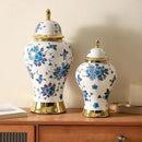 Ginger Jars for Home Decor, White and Gold Vase, Porcelain Ginger Jar Chinoiserie Blue and White Vase with Gold Trim and Floral Pattern, Ceramic Flower Vase for Home, Temple and Storage Jars(12in) by CozyNest Decor