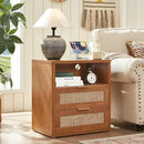 LEYAOYAO Boho Rattan Coffee Table and End Table Sets, 48" Wide Center Tables & 23" Night Stand with Charging Station Chest of Drawers, Brown Wood Coffee Table for Living Room 2 Piece Set by CozyNest Decor