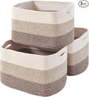 Storage Baskets for Organizing Shelves, Woven Cotton Rope Bins for Baby Nursery Organization, Book Toy Towel Organizer, 15"x11"x9.5", 3 Packs, Gradient Brown by TinyTreasures Baby Boutique
