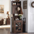 JXQTLINGMU 23" Farmhouse Hall Tree with Shoe Storage, Entryway Bench with 6 Cubbies, 5 Hooks & Barn Doors, Mudroom Coat Rack Cabinet, Brown by CozyNest Decor