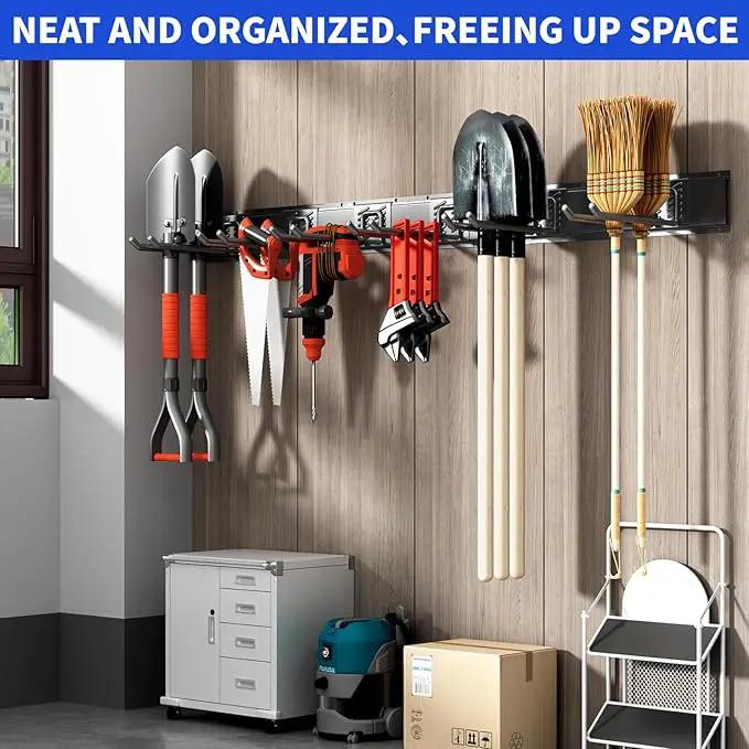 Garage Organization Tool Organizer Wall Mount, 48inch Heavy Duty Garden Tool organizer Storage System, Easy Install With 9 Adjustable Hooks, For Garage, Basement, Shed, Workshop(Black), photo 6 of 7