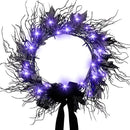 JORNOY 16inch LED Halloween Wreath with Battery Timer - Black Artificial Leaves&Silk Ribbon Decor Hanging for Front Door, Mantel, Porch, Wall, Party Decorations by CozyNest Decor