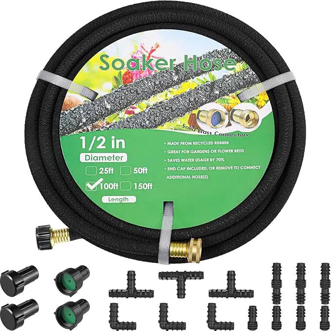 MAMIZO Soaker Hose Kit 100 ft 1/2", Solid Brass Connectors Rubber Longer Lasting, Heavy Duty Drip Hose to Save 70% Water, Soaker Hose for Garden, Lawn and Yard