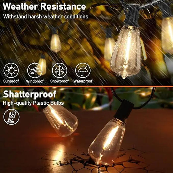 100FT Outdoor Solar String Lights with Remote, USB Rechargeable LED Patio Lights with 52 Timer Dimmable ST38 Edison Bulbs, Enhanced 5W Solar Panel Outside Hanging Lights for Porch Garden Deck Backyard, photo 2 of 7