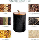 JOJUNO Black Ceramic Canister Set with Wooden Lid, 3-Piece Airtight Food Storage Jars for Kitchen Counter - Flour, Sugar, Coffee, Tea, Spice - Small, Medium, Large Sizes - Stone Texture