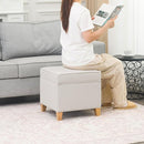 Adeco 17.5" Square Fabric Ottoman with Storage - Upholstered Cotton Linen Foot Rest - Flip Top Footstool with Sturdy Wood Legs, Small Cube Coffee Table Extra Seat for Living Room, Bedroom, White by CozyNest Decor