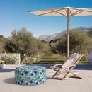 Inflatable Ottoman Stool D31 xH14 for Outdoor/Indoor Use, Water Repellent Patio Foot Rest with Portable Handle,Round Pouf Ottoman Suitable for Garden,Deck and Camping - Blue Salmone Tropical by CozyNest Decor