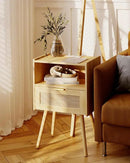 Rattan Nightstand with Outlet,Modern Bedside Table with Storage Drawer and Open Wood Shelf, for Living Room, Bedroom and Small Spaces, Accent Night Stand with Solid Wood Legs,Yellow Oak by CozyNest Decor