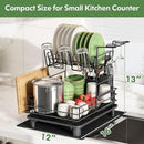 2 Tier Black Large Stainless Steel Dish Drainers Drying Rack for Kitchen Counter with Drainboard, Rust Proof Metal, Space Saving, Modern Aesthetic, Compact Plates Strainers with Extra Mat by CozyNest Decor