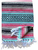 Del Mex Classic Mexican Blanket, Large Authentic Woven Falsa Throw (70"x50"), Artisan Southwest Décor for Beach, Yoga, Outdoors (Mint/Tan/Pink) by CozyNest Decor