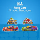 BioSwiss Bandages, Race Cars Shaped Self Adhesive Bandage, Latex Free Sterile Wound Care, Fun First Aid Kit Supplies for Kids and Adults, 50 Count by TinyTreasures Baby Boutique