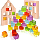 Wooden Building Blocks Set for Kids, 24 PCS Rainbow Gem Cubes Stacking Blocks - 2 Wood House, Montessori Stacking Toy for Toddlers, Educational STEM Learning Toy for Boys Girls 3-6 by TinyTreasures Baby Boutique