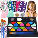 BOBISUKA Face Painting Kit for Kids - 16 Colors Water Based Body Face Paint Includes Brushes,Sponges,Glitters,Gem Sheet,Instructions,Stencils for Halloween Party Costume SFX Makeup by TinyTreasures Baby Boutique