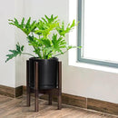 D'vine Dev Ceramic Planter with Walnut Color Stand - 8 Inch Modern Round Flower Pot with Wood Planter Holder, Black, 55-B-Y-2 by GreenHaven Gardens