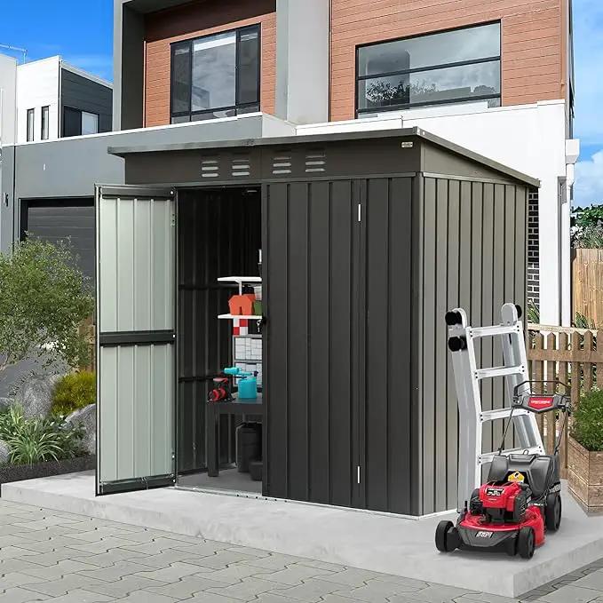 Domi Outdoor Storage Shed 6' x 4.5’, Metal Garden Shed with Galvanized Steel Frame for Bike, Tools, Lawn Mowers, Pool Toys, Outdoor Storage Cabinet with Lockable Door for Garden Lawn Patio (Dark Grey), photo 2 of 9