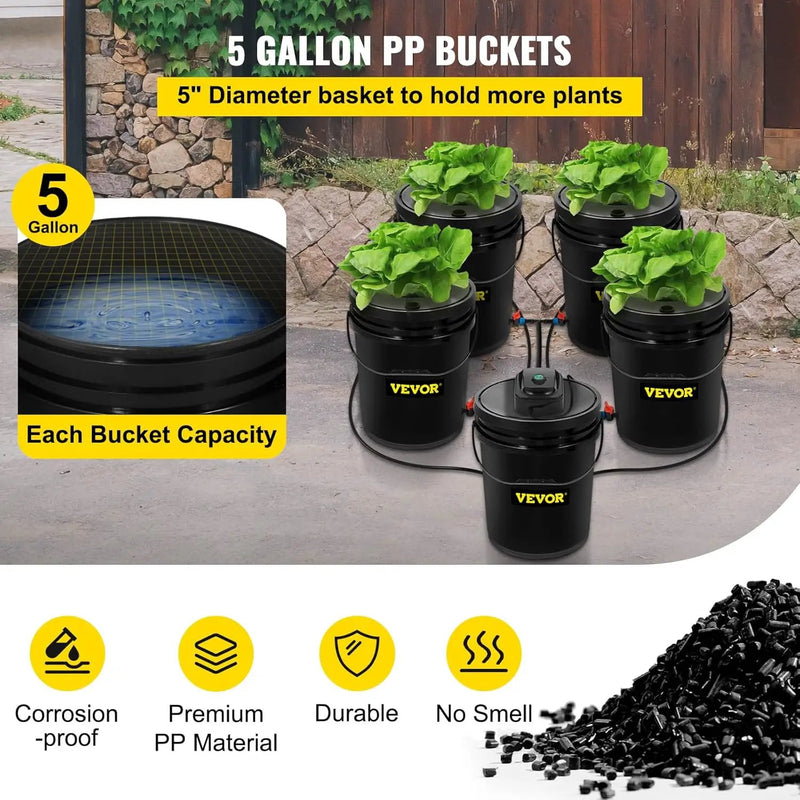 VEVOR DWC Hydroponic System, 5 Gallon 5 Buckets, Deep Water Culture Growing Bucket, Hydroponics Grow Kit with Pump, Air Stone and Connected Reservoir, for Indoor/Outdoor Leafy Vegetables, photo 3 of 6