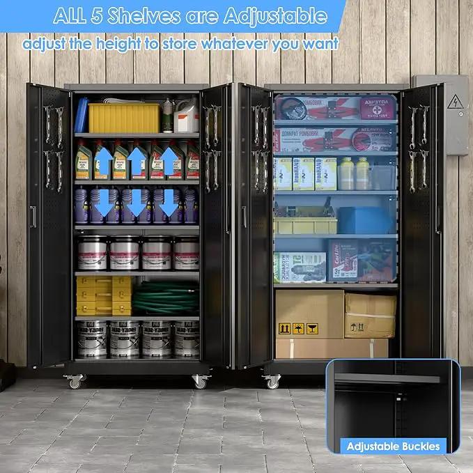 71" H×34" W×18" D Metal Garage Storage Cabinet with Wheels & Pegboard, Lockable Metal Storage Cabinets with 2 Doors&5 Adjustable Shelves for Garage&Home,Assembly Required,Black, photo 6 of 8
