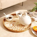 Round Rattan Tray with Mother of Pearl Inlay & Wooden Base - Decorative Wicker Serving Tray for Coffee/Bread/Fruits, Food Storage & Display - Multipurpose Home Decor (L,Island) by CozyNest Decor
