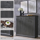 Modern Double Tilt-Out Trash Cabinet, 20 Gallon Fluted Laundry Hamper Cabinet with 2 Drawers, Wooden Hidden Garbage Can Cabinet with Storage Basket, Free Standing for Kitchen & Living Room, Grey by CozyNest Decor