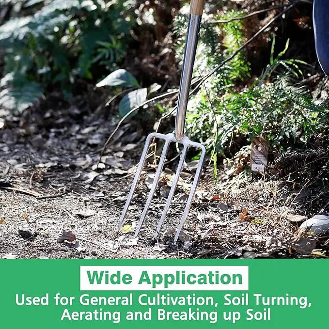 Berry&Bird Gardening Digging Fork, 4-Tine Stainless Steel Pitchfork, 43.9" Heavy Duty Spading Fork with D-Grip Handle and Ergonomic Ash Wood Handle for Digging, Planting, Cultivating, Aerating, photo 8 of 8