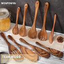 Wooden Cooking Utensils Set, 9 PCS Teak Wood Spoons, Spatula, Slotted Spoon, Handmade Modern Kitchen Utensils by CozyNest Decor