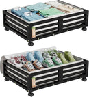 Bamboo Under Bed Storage Containers- Underbed Organizer with Wheels with Large Dust Bag,Sturdy Wood Rolling Under the Bed Shoe Storage Organizer Drawer 2 Pack by CozyNest Decor