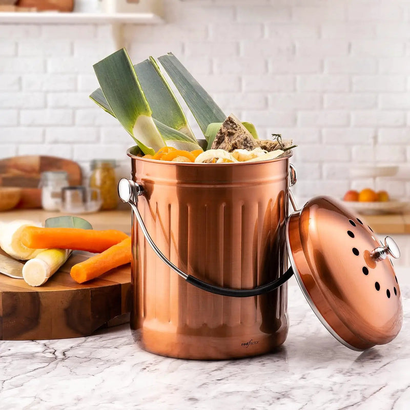 RED FACTOR Premium Compost Bin for Kitchen Countertop - Stainless Steel Food Waste Bucket with Innovative Dual Filter Technology - Includes Spare Filters (Matt Copper, 1.3 Gallon), photo 3 of 6