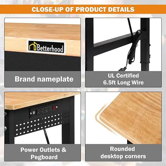 70" Adjustable Height Workbench, 2000 LBS Heavy Duty Work Table with Power Outlets & Pegboard, Rubber Wood Workstation for Garage, Workshop, Office, Home, Commercial, photo 4 of 7