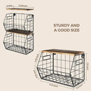 Delamu 2-Pack Stackable Metal Fruit Basket with Wood Lid-Wall Mounted & Countertop Organizer for Kitchen,Pantry- Ventilated Storage for Onions,Potatoes,Fruits,Spices (12"x 8"x 8-5/16") by CozyNest Decor