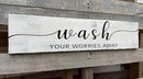 Farmhouse Bathroom Sign, Wash Your Worries Away, Rustic Wooden Bathroom Wall Art Decor, Inspirational Signs Bath Wall Hanging Art Home Decor (Wash) 4x16 Inch by CozyNest Decor